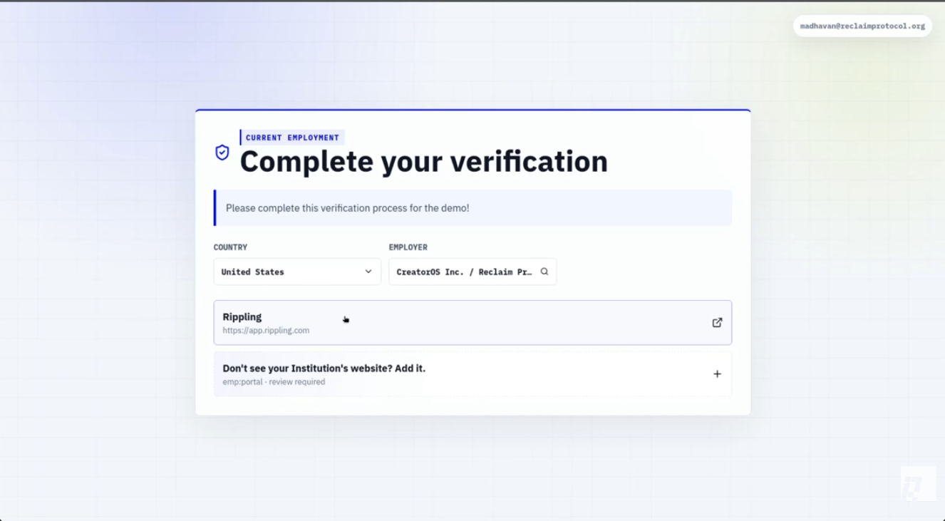 Verification start screen with country, employer, and Rippling selected as the source
